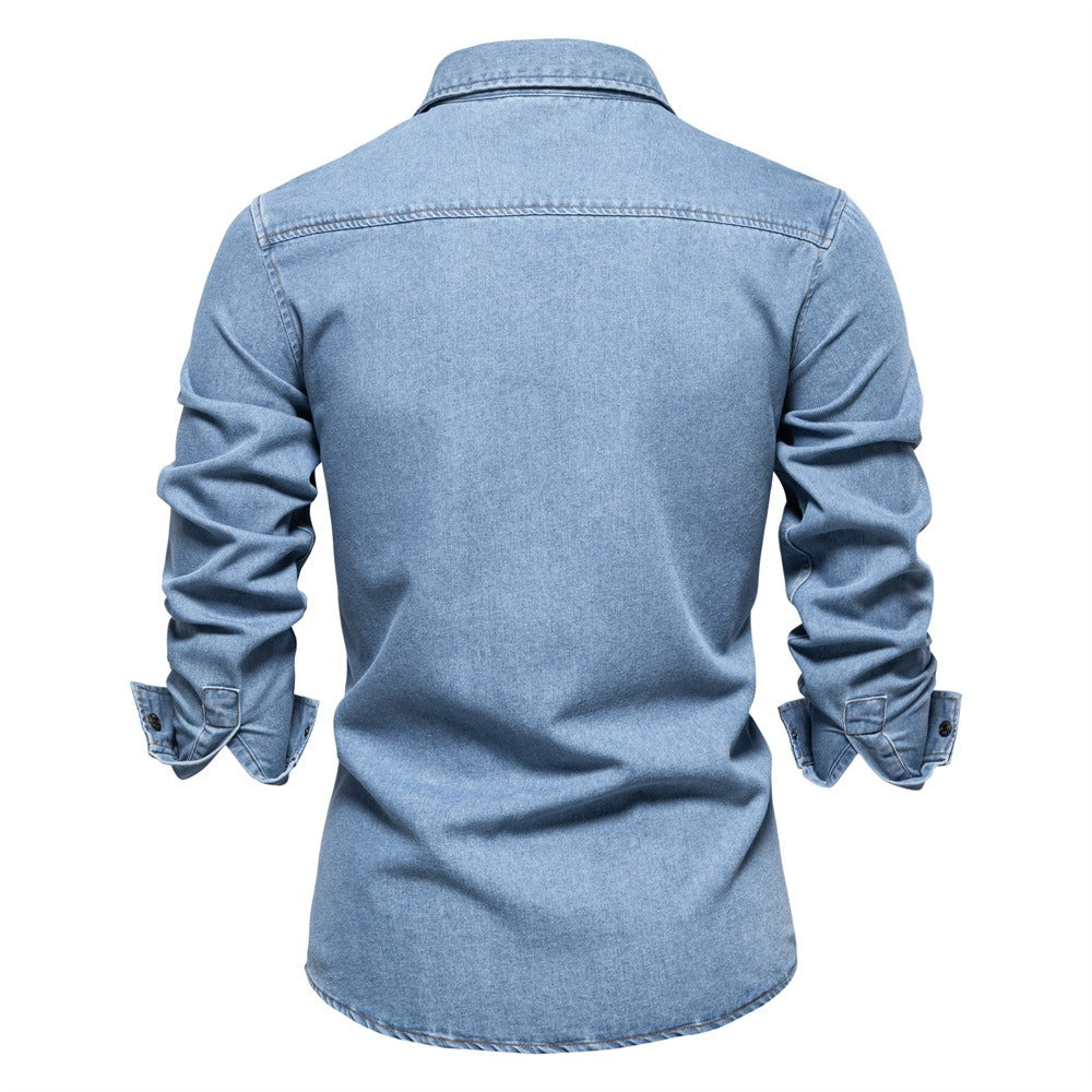 Herren-Jeanshemd aus gewaschener Baumwolle im Euro-Fit – Langarm, einfarbig, lässig, zum Zuknöpfen | 6028