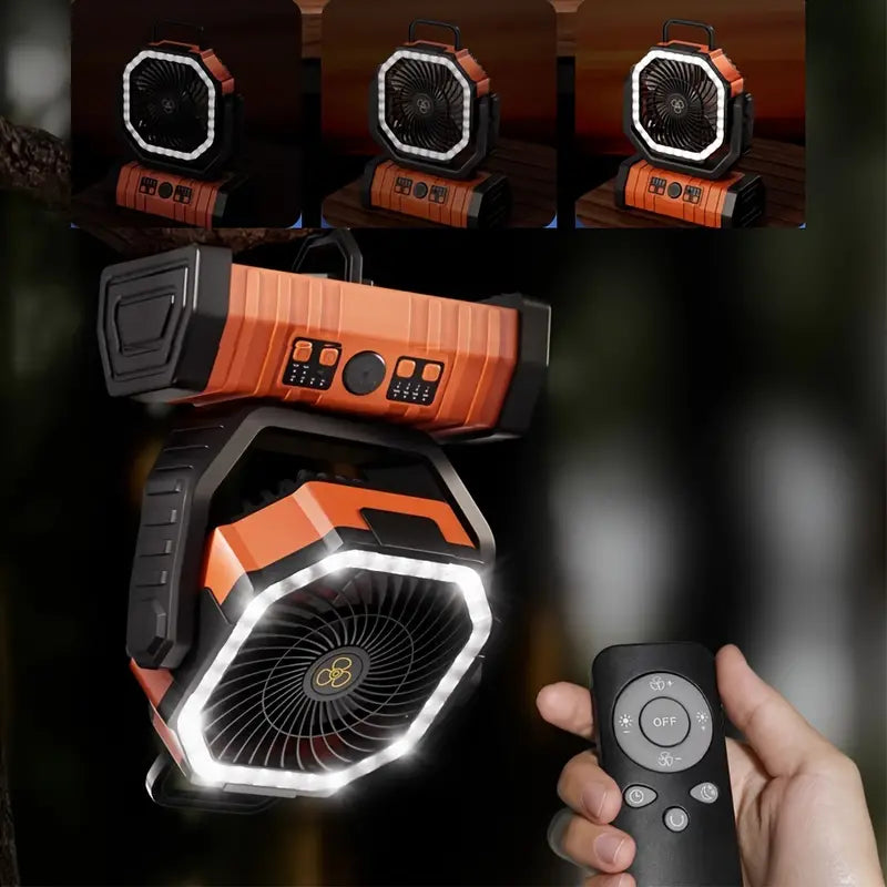 Tragbarer, wiederaufladbarer Outdoor-Camping-Ventilator mit Haken, USB-Tischventilator mit LED-Notlicht und Powerbank für Picknick, Wandern, Angeln