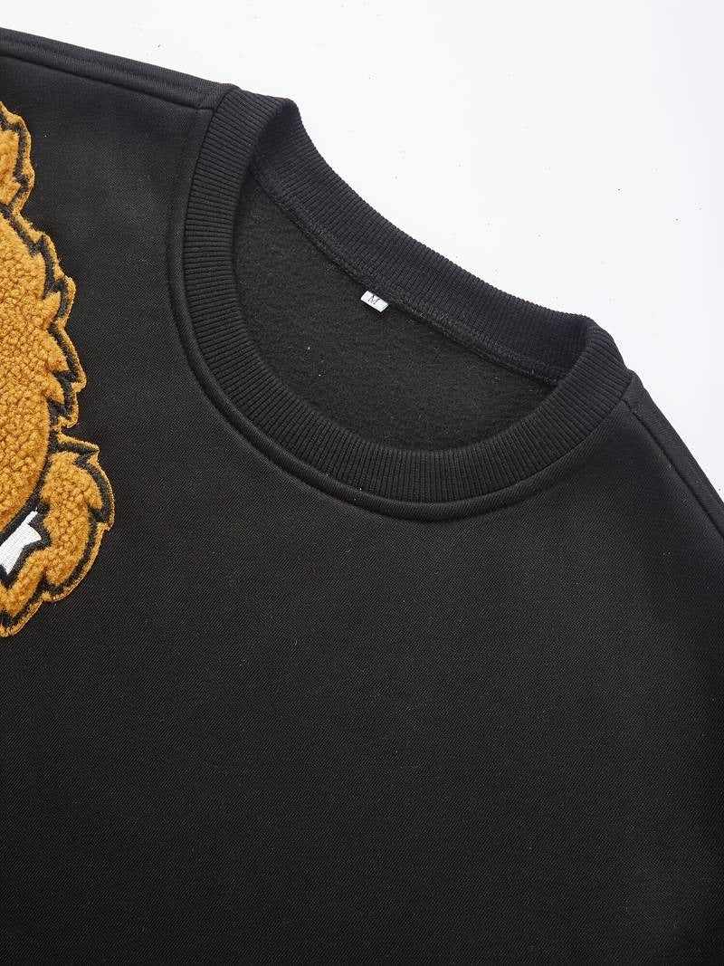Herren-Sweatshirt mit Cartoon-Bär-Stickerei, Rundhalsausschnitt, Übergröße, Polyestergewebe, lebendiges Tiermuster, Oberteil, Freizeitkleidung, Strickstoffhemd