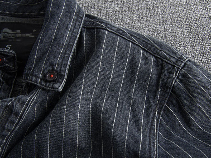 Herren Retro Heavy Distressed Denim Shirt Slim Fit Gestreiftes Langarmhemd | 8833