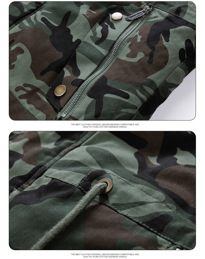 Vielseitige Camouflage-Militärjacke für Herren mit Fleecefutter, Pelzkapuze und mehreren Taschen