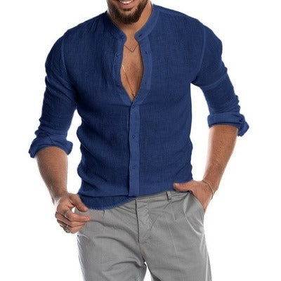 Herren Freizeithemden Einfarbiges Leinen Langarm Stehkragen Cardigan Hemd | 418