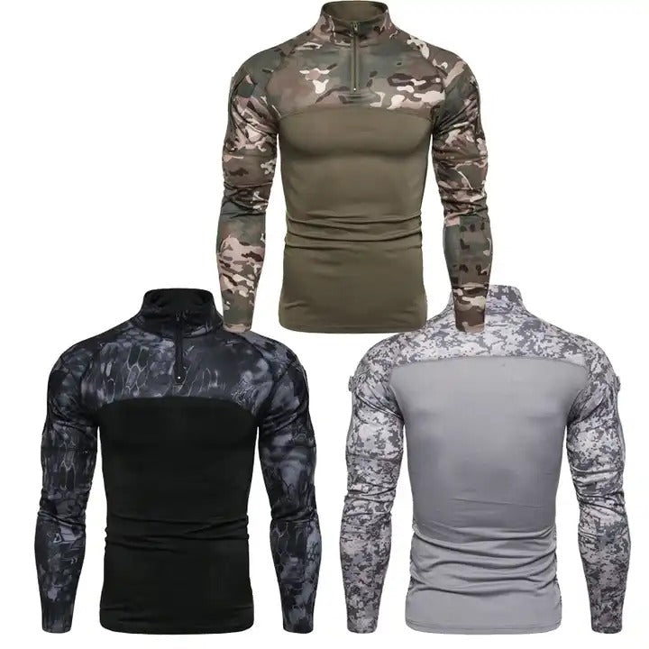 Herren Camouflage Stitching Casual T-Shirt Stehkragen Langarm Leichter Pullover | 1815-G11