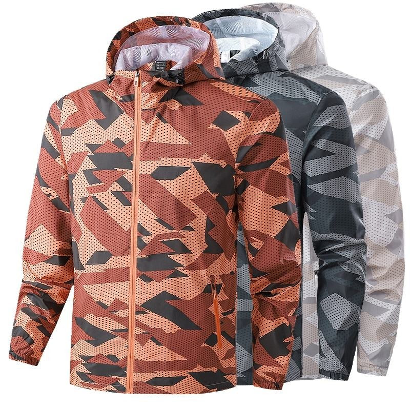 Herrenjacken, vollständig mit Camouflage-Muster bedruckt, leichte Jacken, Trenchcoat-Windbreaker mit durchgehendem Reißverschluss und Kapuze |