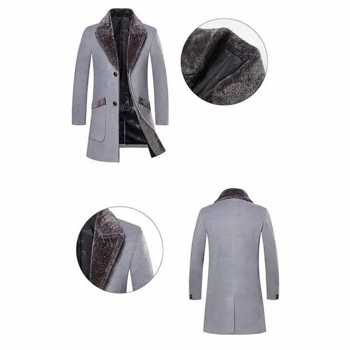 Herren-Trenchcoat mit Pelzkragen, langer Revers, Winterjacke aus Wollmischung, einreihiger Mantel | 224-8919
