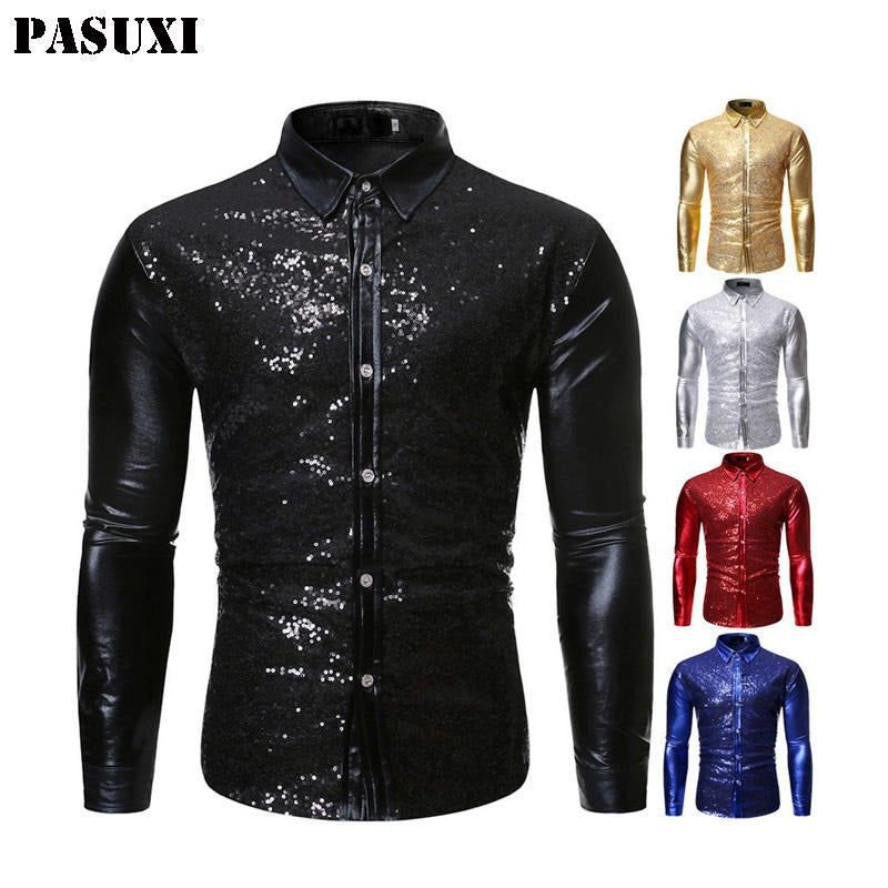 Herren Pailletten Bronzing Patchwork Tanzshirt Schlank Atmungsaktiv Party Top | ZT-CS86