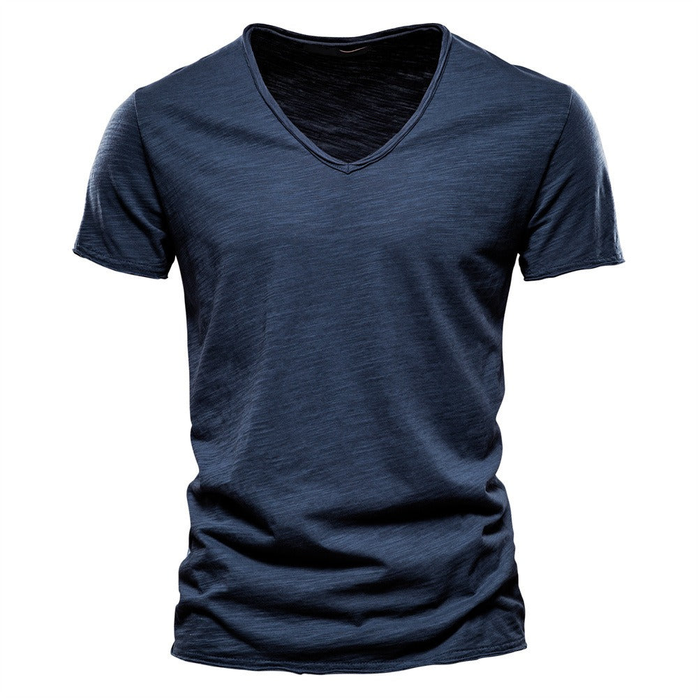 Herren T-Shirt mit tiefem V-Ausschnitt, 100 % Baumwolle, einfarbig, V-Kragen, hochwertiges Basic-T-Shirt | F037