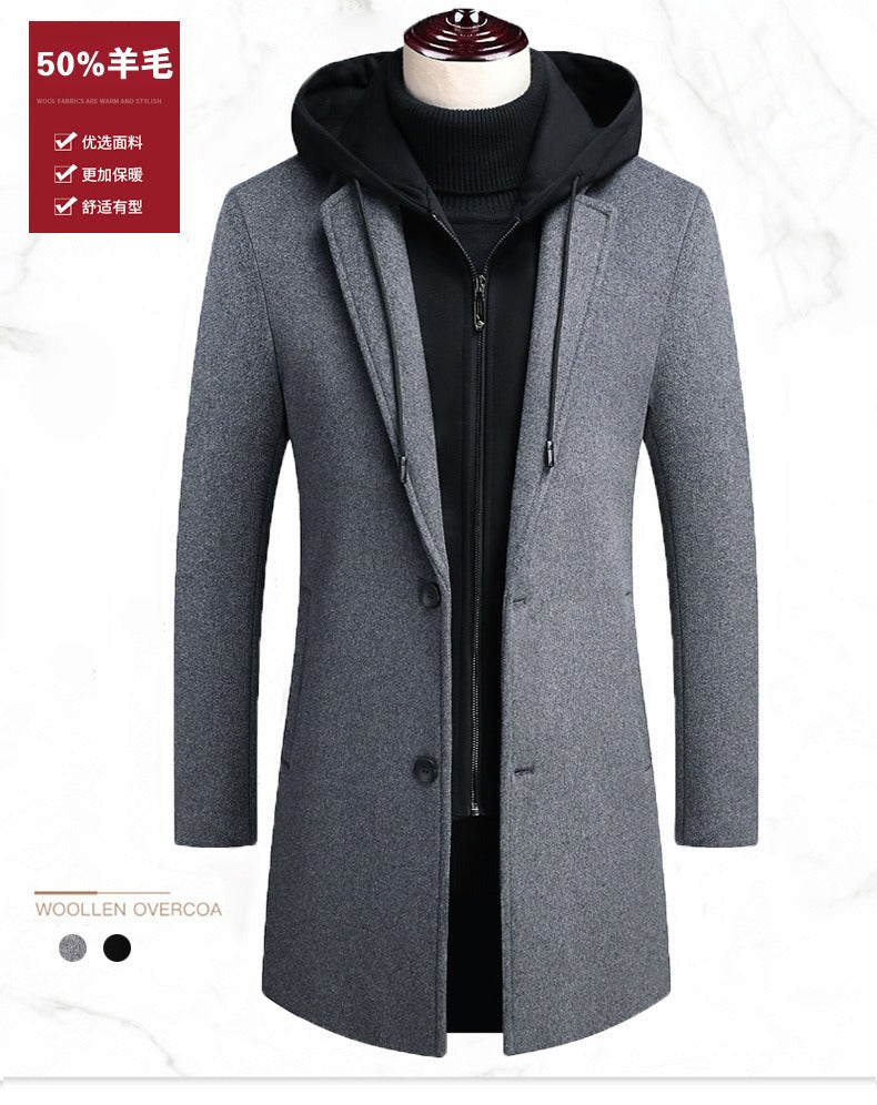 Herren Wolljacke mit abnehmbarer Kapuze, winddicht, mittellanger Mantel, lässiger, dicker Trenchcoat | 1909-3