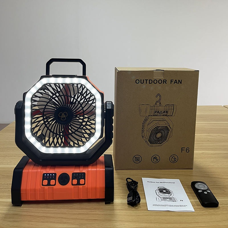Tragbarer, wiederaufladbarer Outdoor-Camping-Ventilator mit Haken, USB-Tischventilator mit LED-Notlicht und Powerbank für Picknick, Wandern, Angeln