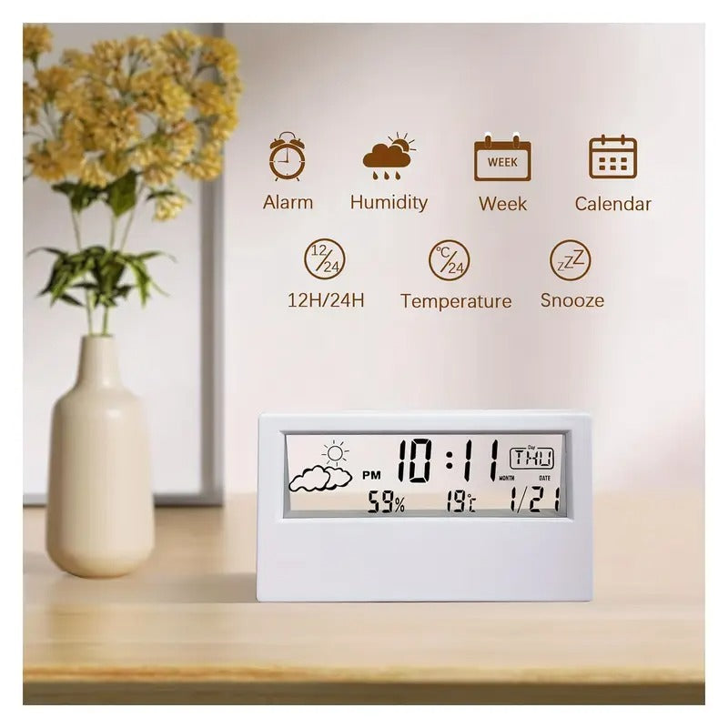Moderne transparente LED-Digitaluhr – Temperatur und Luftfeuchtigkeit, Wettersymbole, Heim- und Bürodekor | 2158