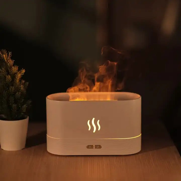 Aroma-Luftbefeuchter, 7 Farben, künstliche Flammen, geräuschloser Diffusor für ätherische Öle zur Entspannung zu Hause und im Büro | DQ701