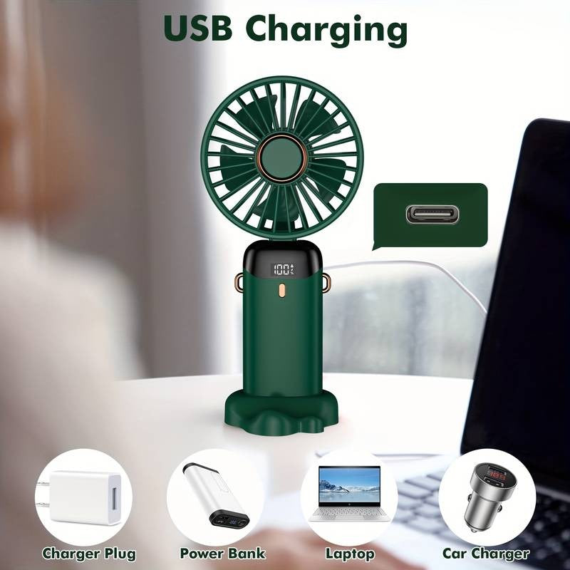 Tragbarer Mini-Ventilator, Handventilator, wiederaufladbar über USB mit 5 Geschwindigkeiten, 90° faltbarer Mini-Ventilator mit LED-Anzeige, Mini-Ventilator für den Außenbereich im Büro | S12