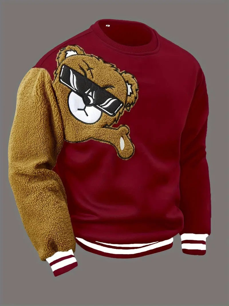 Herren-Sweatshirt mit Cartoon-Bär-Stickerei, Rundhalsausschnitt, Übergröße, Polyestergewebe, lebendiges Tiermuster, Oberteil, Freizeitkleidung, Strickstoffhemd