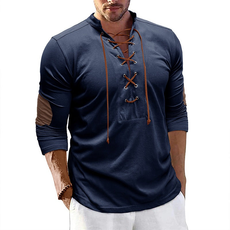 Herren Retro Langarm T-Shirt Offener Stehkragen Base Unhooded Shirt | 2379