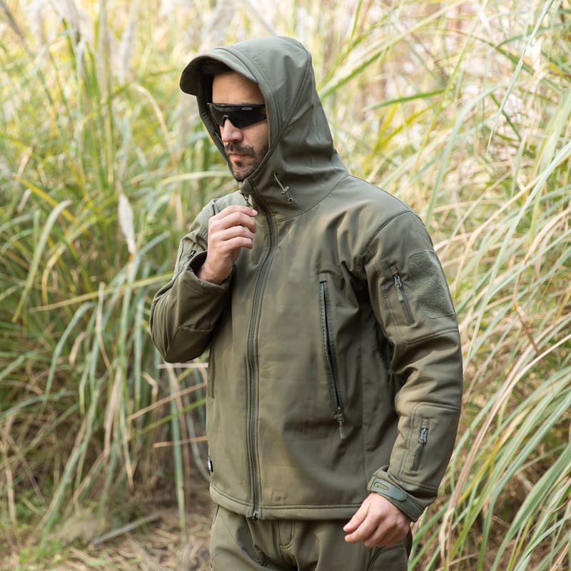 Wasserdichter Wanderanzug für Herren, Outdoor-Windjacke, taktische Jacken, Kapuzenjacke, Trekkinghose für Männer, Thermo-Fleece-Jagdset | 00856