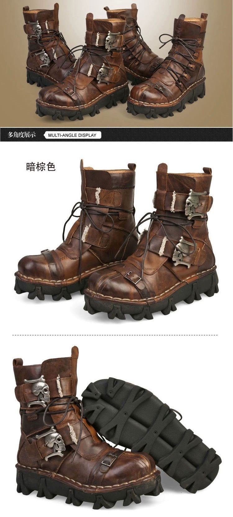 Men's Genuine Leather Harley Boots | Skull Design Motorcycle Ankle Boots | Waterproof & Anti-Slip Work Boots | 1809