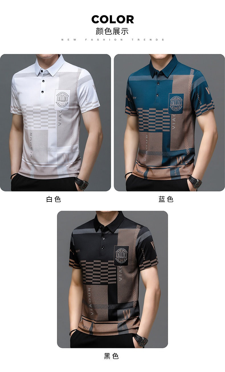 Herren Business Kurzarm Polokragen Baumwollhemd Solides besticktes Top T-Shirt | 104