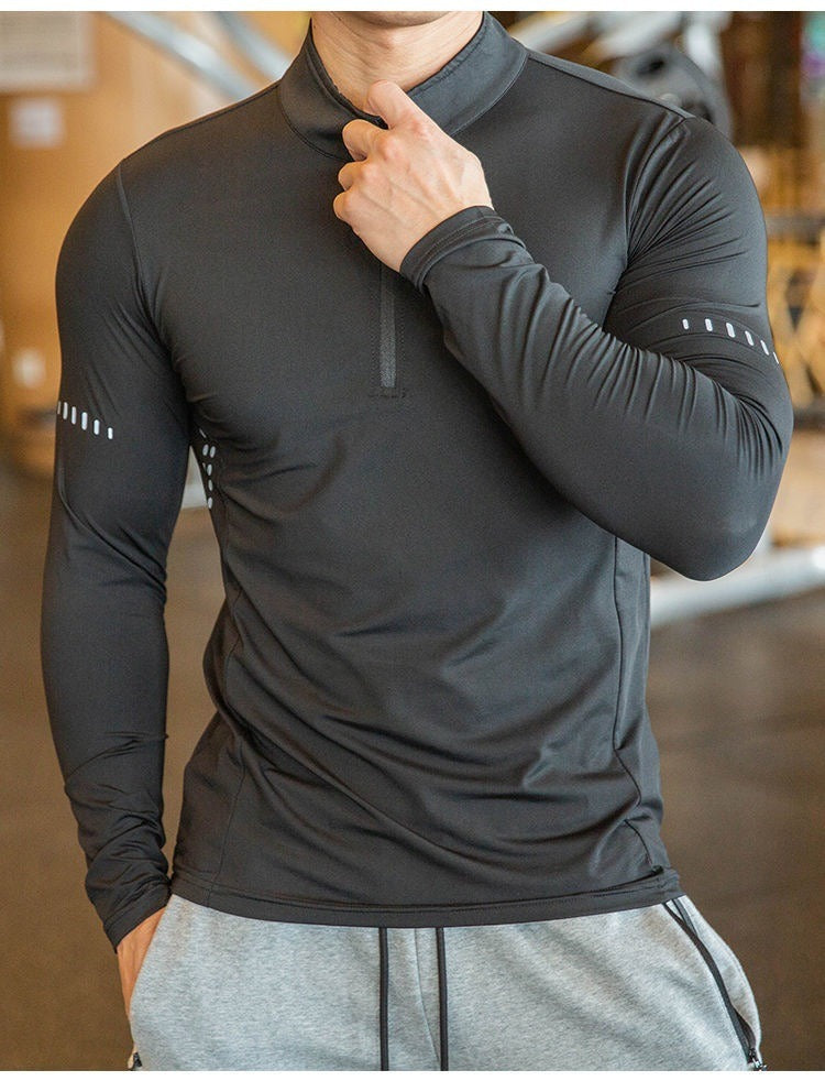 Schnelltrocknendes Herren-Lauf-T-Shirt, atmungsaktiv, langärmelig, für Fitnessstudio, Fitness, Sport, Radfahren, Reißverschluss-Shirt | P37