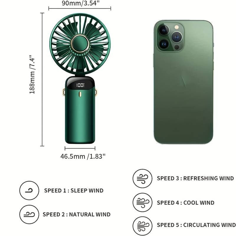 Tragbarer Mini-Ventilator, Handventilator, wiederaufladbar über USB mit 5 Geschwindigkeiten, 90° faltbarer Mini-Ventilator mit LED-Anzeige, Mini-Ventilator für den Außenbereich im Büro | S12