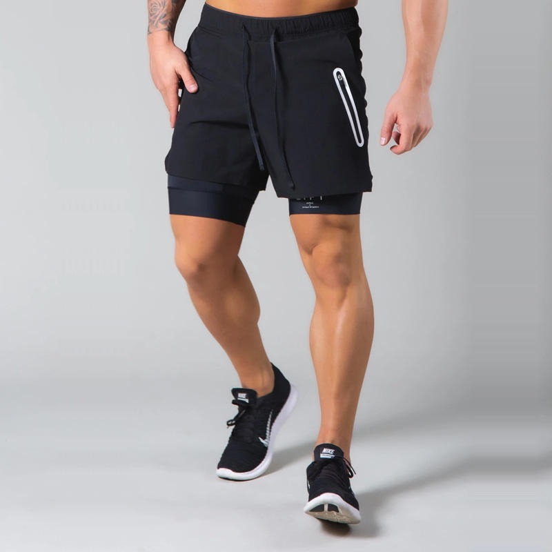 Herren Doppellagige Shorts mit Reißverschlusstasche zum Trainieren, Laufen, Fitnessstudio, Sportfutter | DK-03