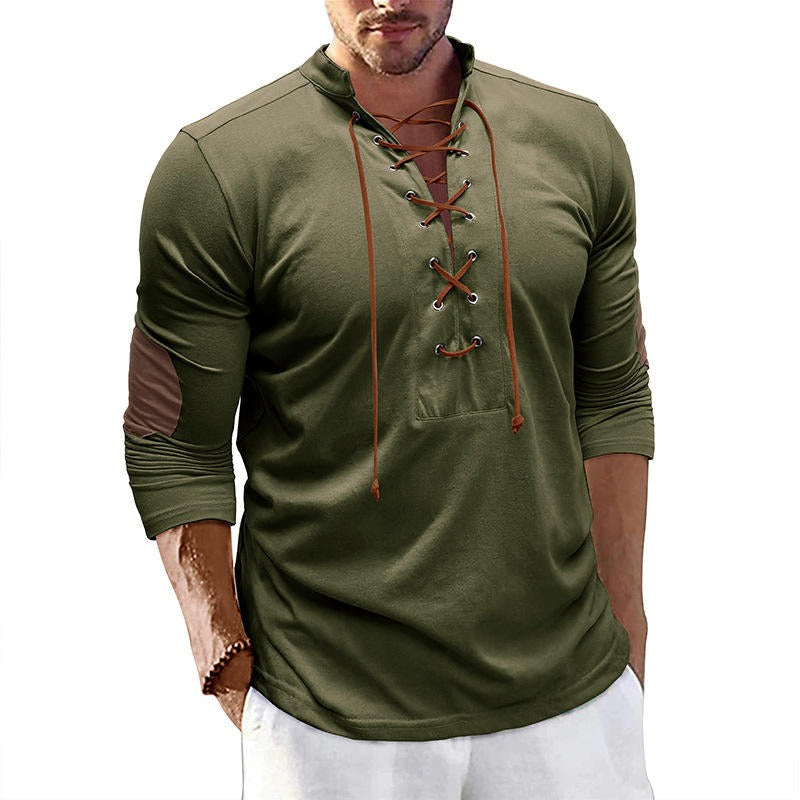 Herren Retro Langarm T-Shirt Offener Stehkragen Base Unhooded Shirt | 2379