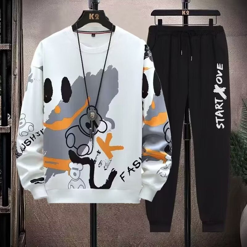 2-teiliges Sweat-Set für Herren, Hose, lässiger Pullover, T-Shirt, Oberbekleidung, locker, All-Match, Farbverlauf, langärmelig, Studentenoberteile | W93