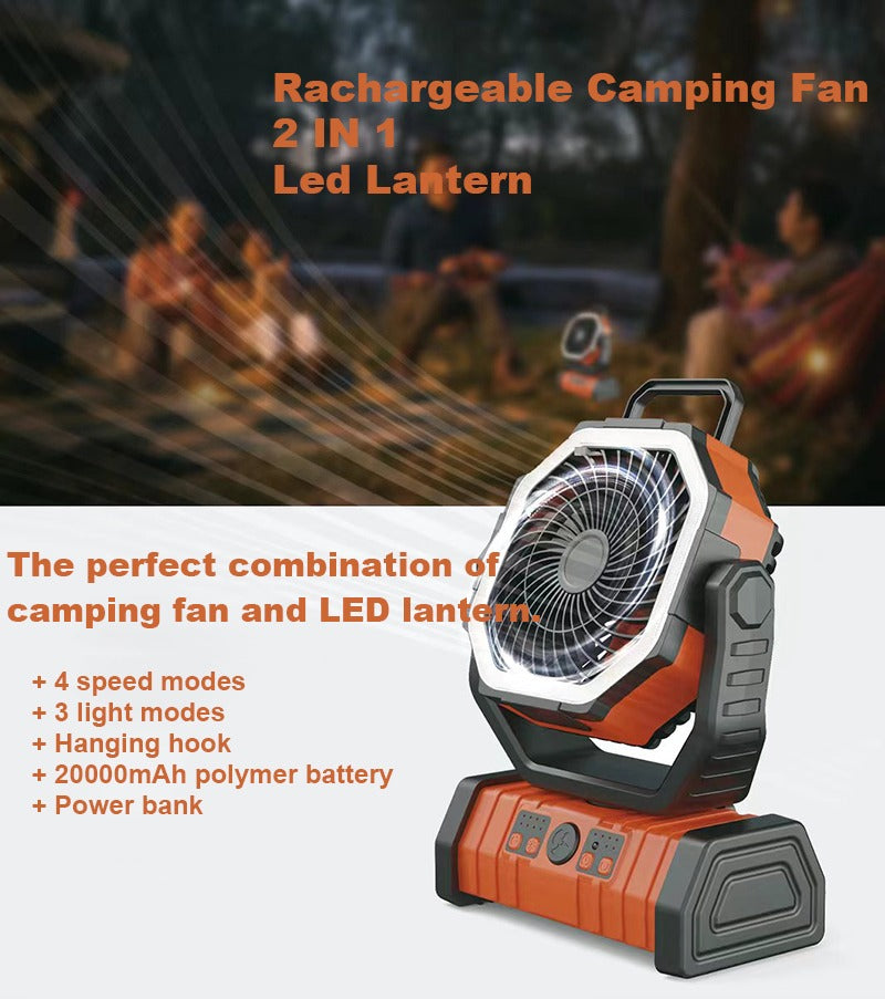 Tragbarer, wiederaufladbarer Outdoor-Camping-Ventilator mit Haken, USB-Tischventilator mit LED-Notlicht und Powerbank für Picknick, Wandern, Angeln