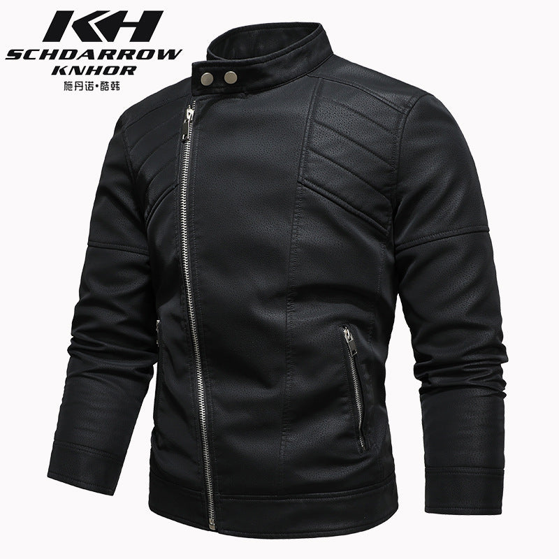 Herren PU-Lederjacke Gepolstertes Revers Schräges Revers Reißverschluss Koreanischer Stehkragen Jacke Blazer | KH-138