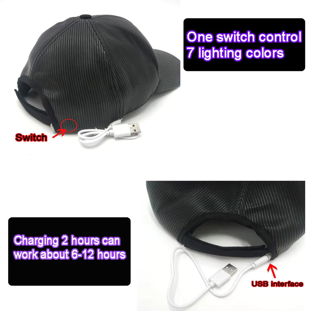 LED-Leuchtmütze aus Glasfaser, 7 Farben, leuchtende Hip-Hop-Baseballkappe mit USB-Aufladung für Veranstaltungen |
