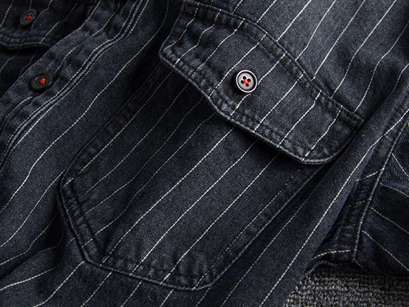 Herren Retro Heavy Distressed Denim Shirt Slim Fit Gestreiftes Langarmhemd | 8833