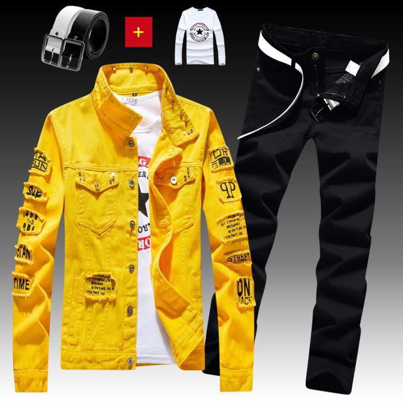 Herren Jeansjacke Jeanshose Buchstaben Druckhose 3-teiliges Set Casual Single Breasted