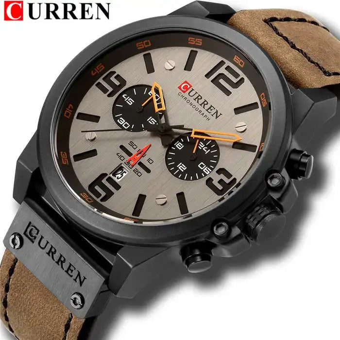 Herren Lederuhr Chronograph Armbanduhr Business Quarz Kalender Militäruhr | 8314
