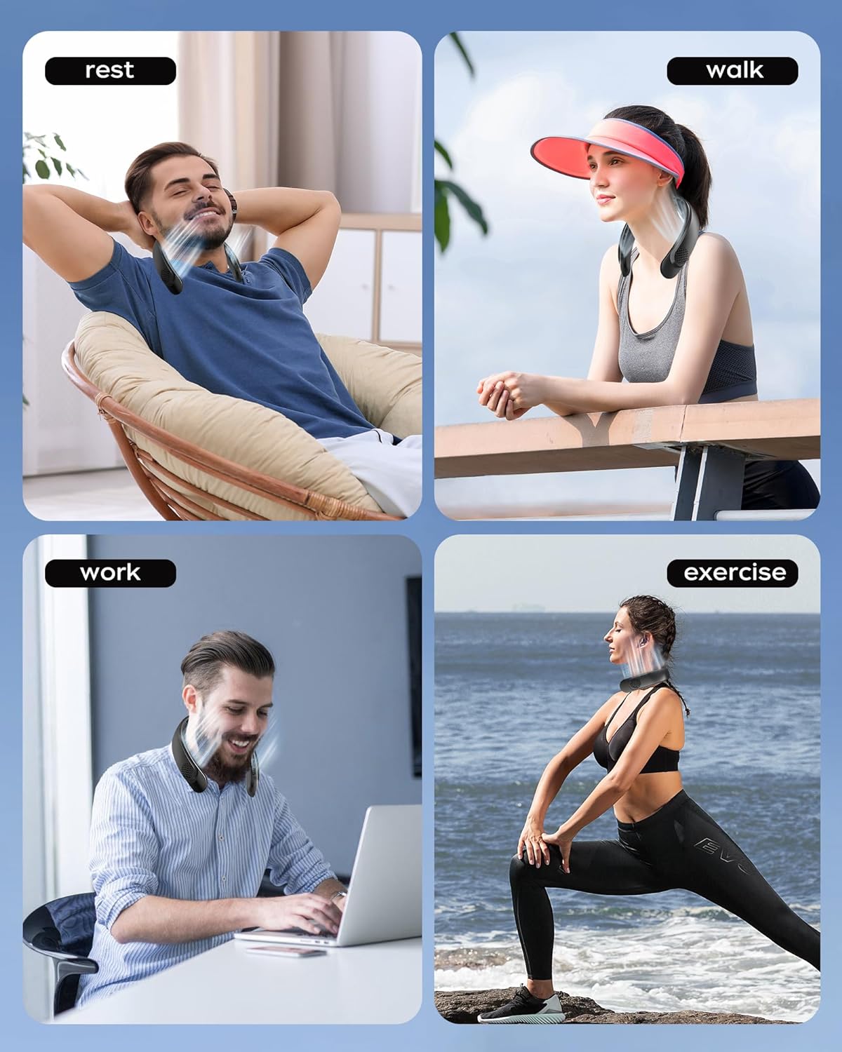 Tragbarer Nackenventilator mit 4 Turbo-Blättern, wiederaufladbar über USB, 360°-Kühlluftstrom | S8