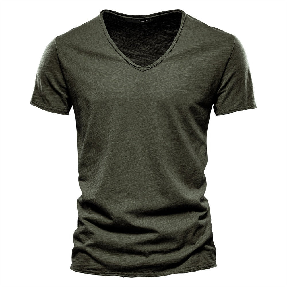 Herren T-Shirt mit tiefem V-Ausschnitt, 100 % Baumwolle, einfarbig, V-Kragen, hochwertiges Basic-T-Shirt | F037
