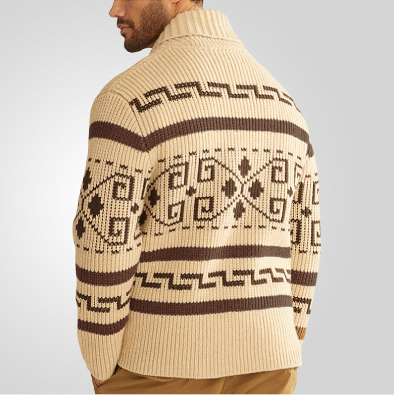 Stilvolle Slim Fit Jacquard-Strickjacke für Herren mit langen Ärmeln, lässiger Reverspullover | SY0013