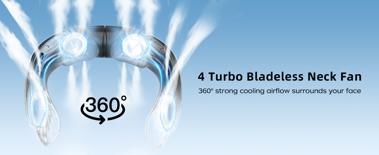 Tragbarer Nackenventilator mit 4 Turbo-Blättern, wiederaufladbar über USB, 360°-Kühlluftstrom | S8