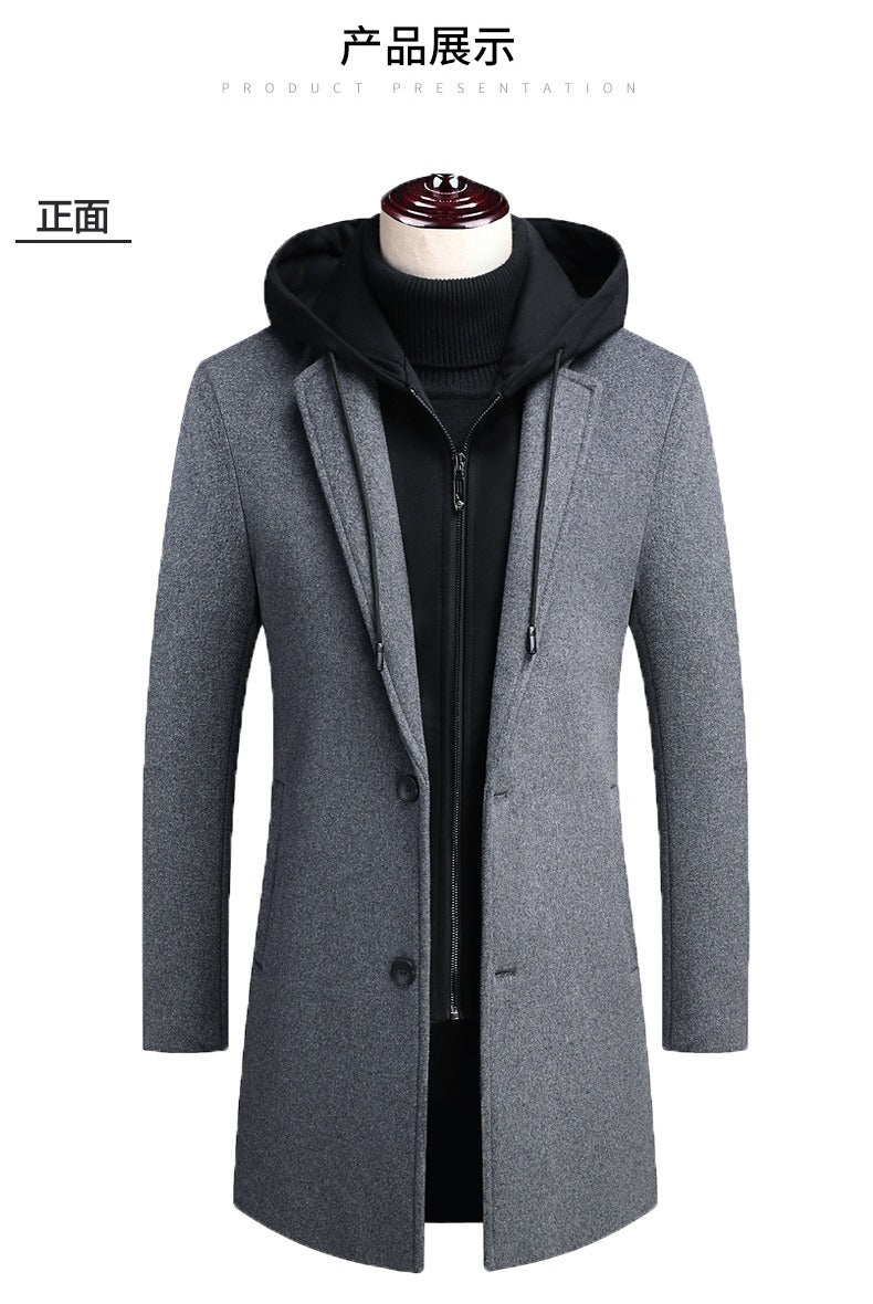 Herren Wolljacke mit abnehmbarer Kapuze, winddicht, mittellanger Mantel, lässiger, dicker Trenchcoat | 1909-3