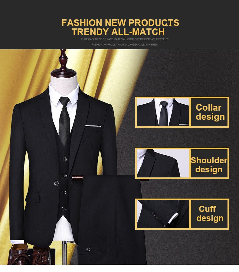 3-teiliger Slim Fit-Anzug für Herren in luxuriöser Qualität fürs Büro, Hochzeit, formelle Kleidung, Bräutigam, Business-Jacke, Weste und Hose | AD3006