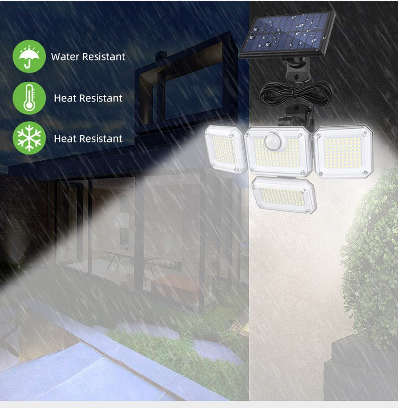 Solar-LED-Wandleuchten für den Außenbereich, geteiltes Licht mit Bewegungsmelder, 4 Köpfe, 3 Modi, Solarlampe |