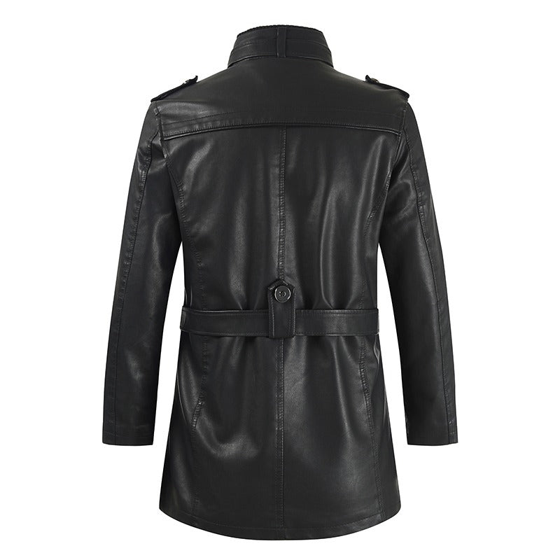 Hochwertige lässige PU-Lederjacke, wasserdicht, dick, Stehkragen, Reißverschluss, langer Mantel