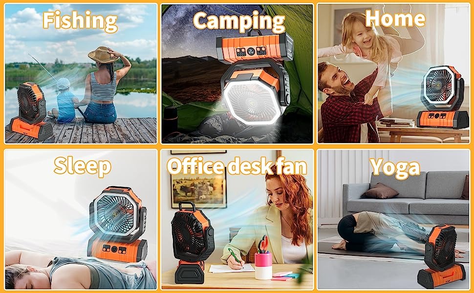 Tragbarer, wiederaufladbarer Outdoor-Camping-Ventilator mit Haken, USB-Tischventilator mit LED-Notlicht und Powerbank für Picknick, Wandern, Angeln