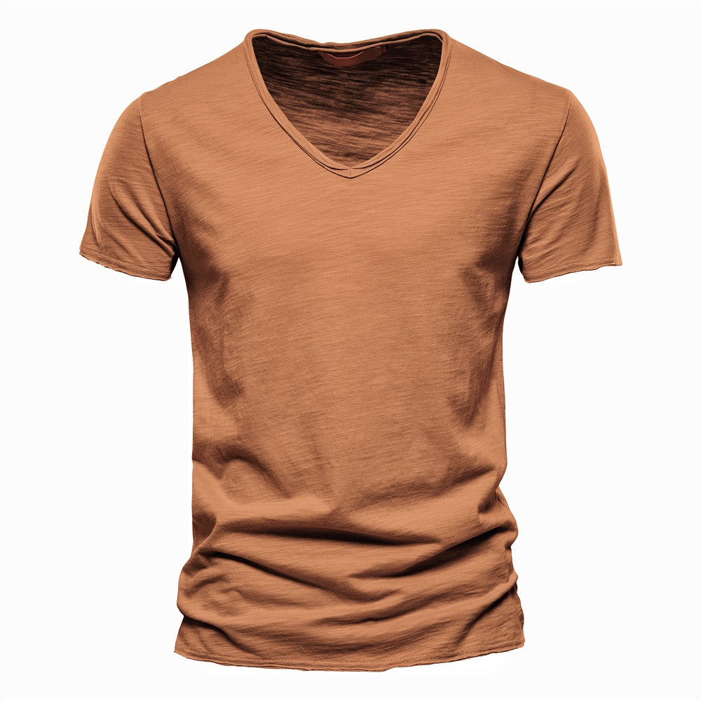 Herren T-Shirt mit tiefem V-Ausschnitt, 100 % Baumwolle, einfarbig, V-Kragen, hochwertiges Basic-T-Shirt | F037