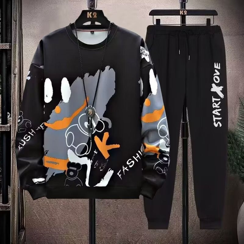 2-teiliges Sweat-Set für Herren, Hose, lässiger Pullover, T-Shirt, Oberbekleidung, locker, All-Match, Farbverlauf, langärmelig, Studentenoberteile | W93
