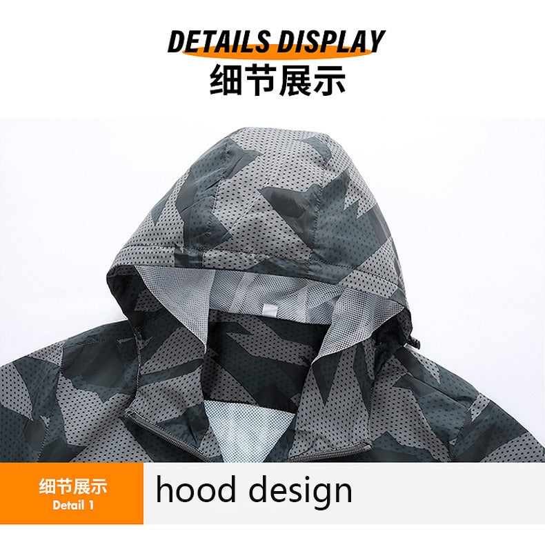 Herrenjacken, vollständig mit Camouflage-Muster bedruckt, leichte Jacken, Trenchcoat-Windbreaker mit durchgehendem Reißverschluss und Kapuze |