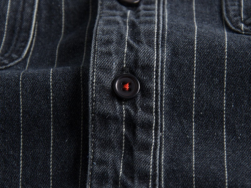 Herren Retro Heavy Distressed Denim Shirt Slim Fit Gestreiftes Langarmhemd | 8833