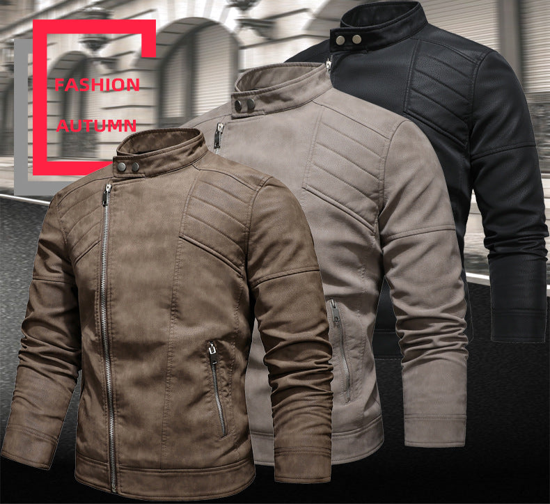 Herren PU-Lederjacke Gepolstertes Revers Schräges Revers Reißverschluss Koreanischer Stehkragen Jacke Blazer | KH-138