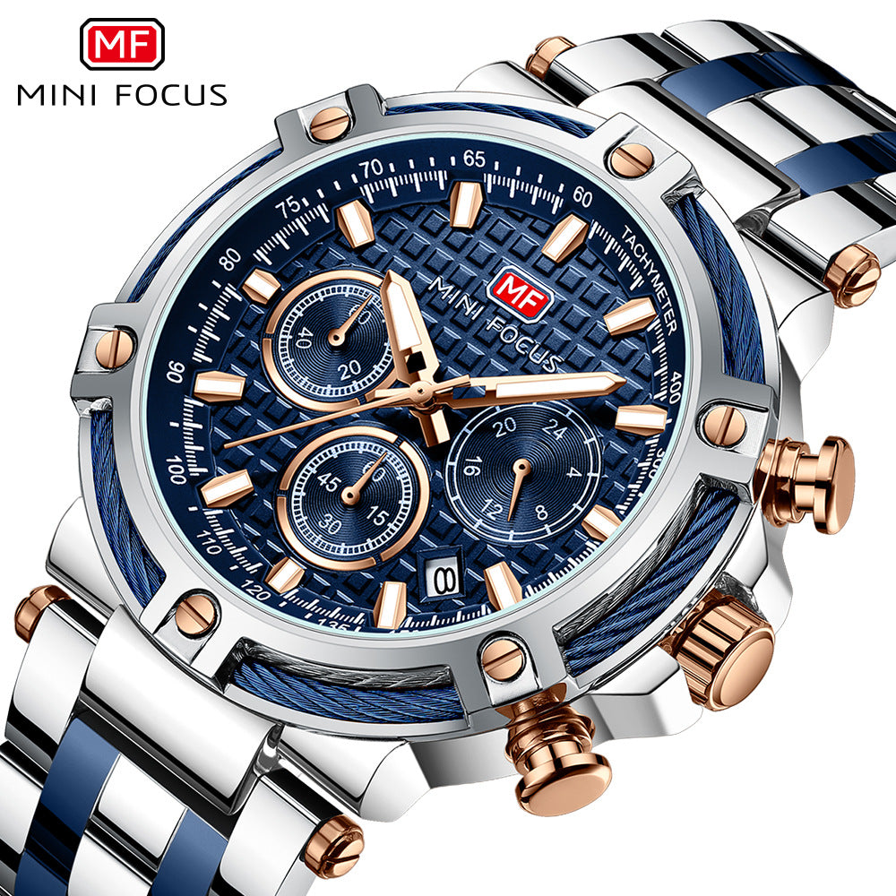 Herren Analog Edelstahl Quarzuhr Mini Focus Chronograph Leuchtuhr | MF047
