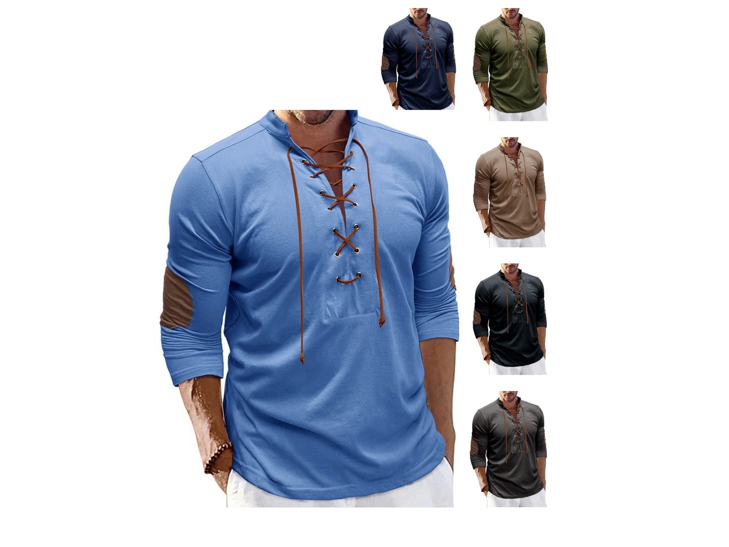 Herren Retro Langarm T-Shirt Offener Stehkragen Base Unhooded Shirt | 2379