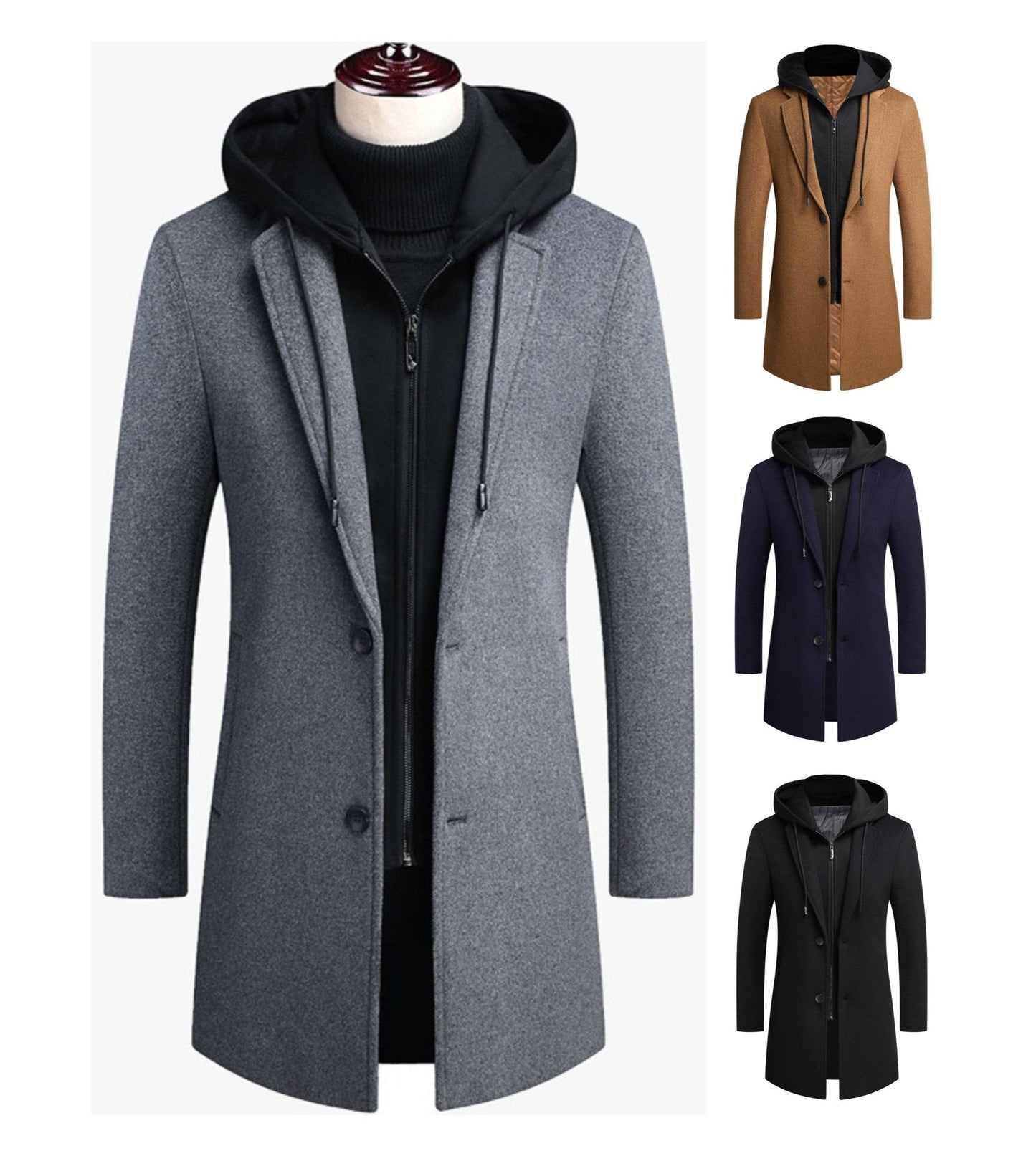 Herren Wolljacke mit abnehmbarer Kapuze, winddicht, mittellanger Mantel, lässiger, dicker Trenchcoat | 1909-3