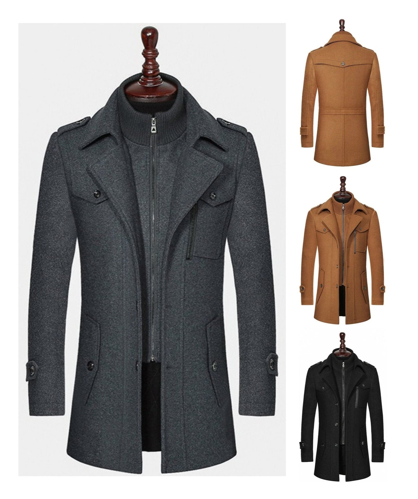 Herren Doppelkragen Wollmantel Warm Plus Size Langer Mantel Winddichter Trenchcoat | 1004